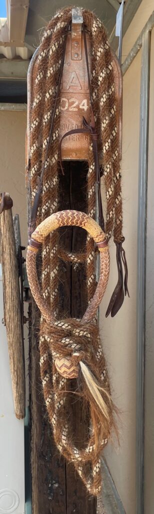 Image of a dark and light tan hackamore with sorrel and white checked mecate hanging on fence post.