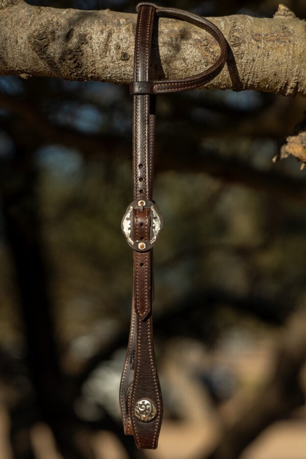 One Ear Dark Chocolate Leather Headstall with Memphis Buckles